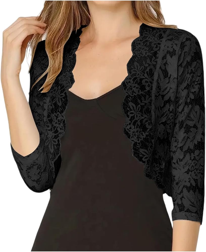Women's Elegant 3/4 Sleeve Sheer Floral Lace Bolero Shrug Top