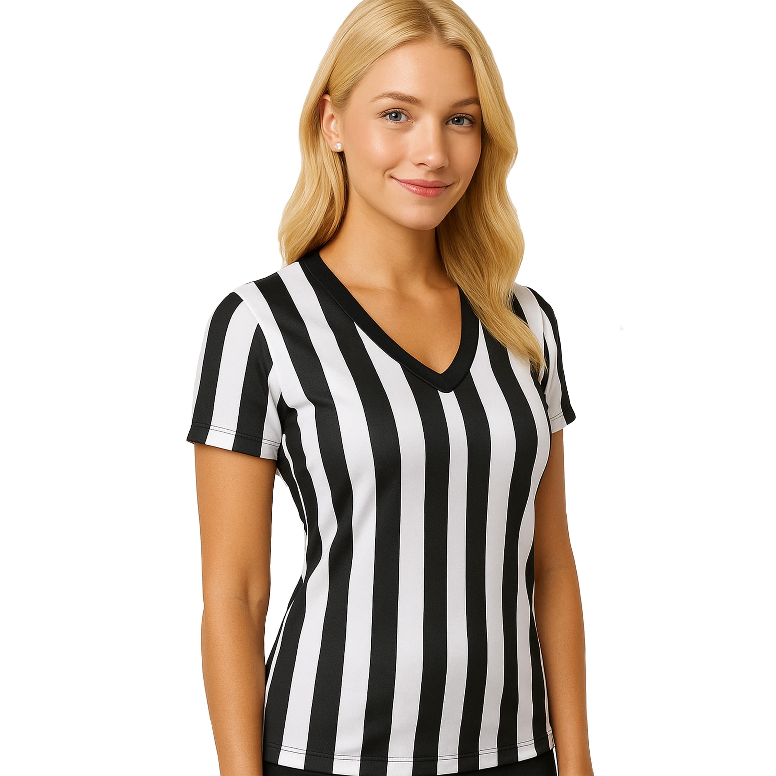 Women's V-Neck Black and White Stripe Referee Shirt, Official Jersey for Refs, Referee Costume, Waitresses and More