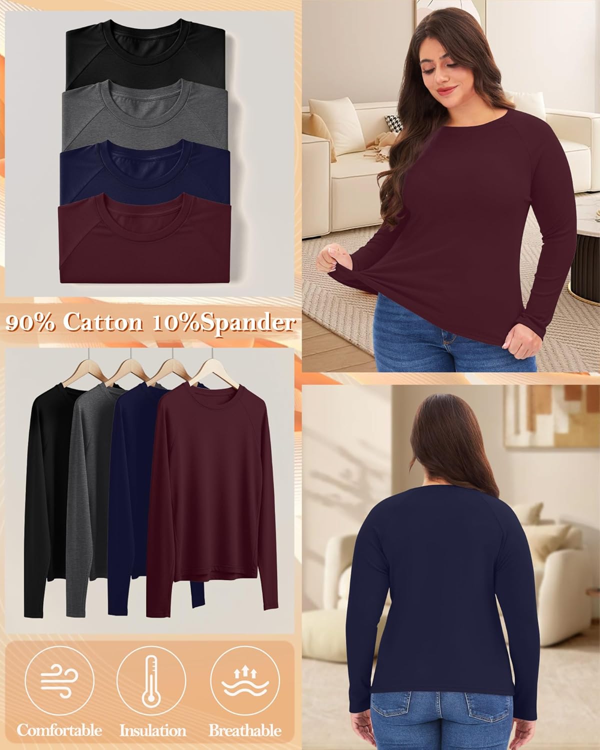 4 Pack Women's Plus Size Thermal Shirts, Fleece Crew Neck Long Sleeve Underwear Tops Slim Fitted Base Layer