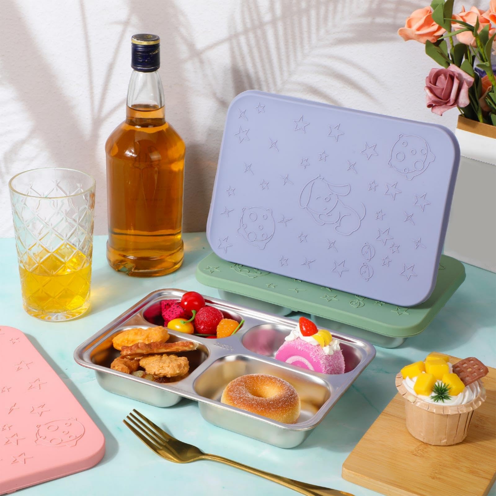 Tioncy 3 Stück auslaufsichere Edelstahl-Bento-Lunchbox, unterteilte Edelstahl-Lunchbox mit Silikondeckel, spülmaschinenfest, gefriergeeignet, Frischhaltedosen für Arbeit und Reisen