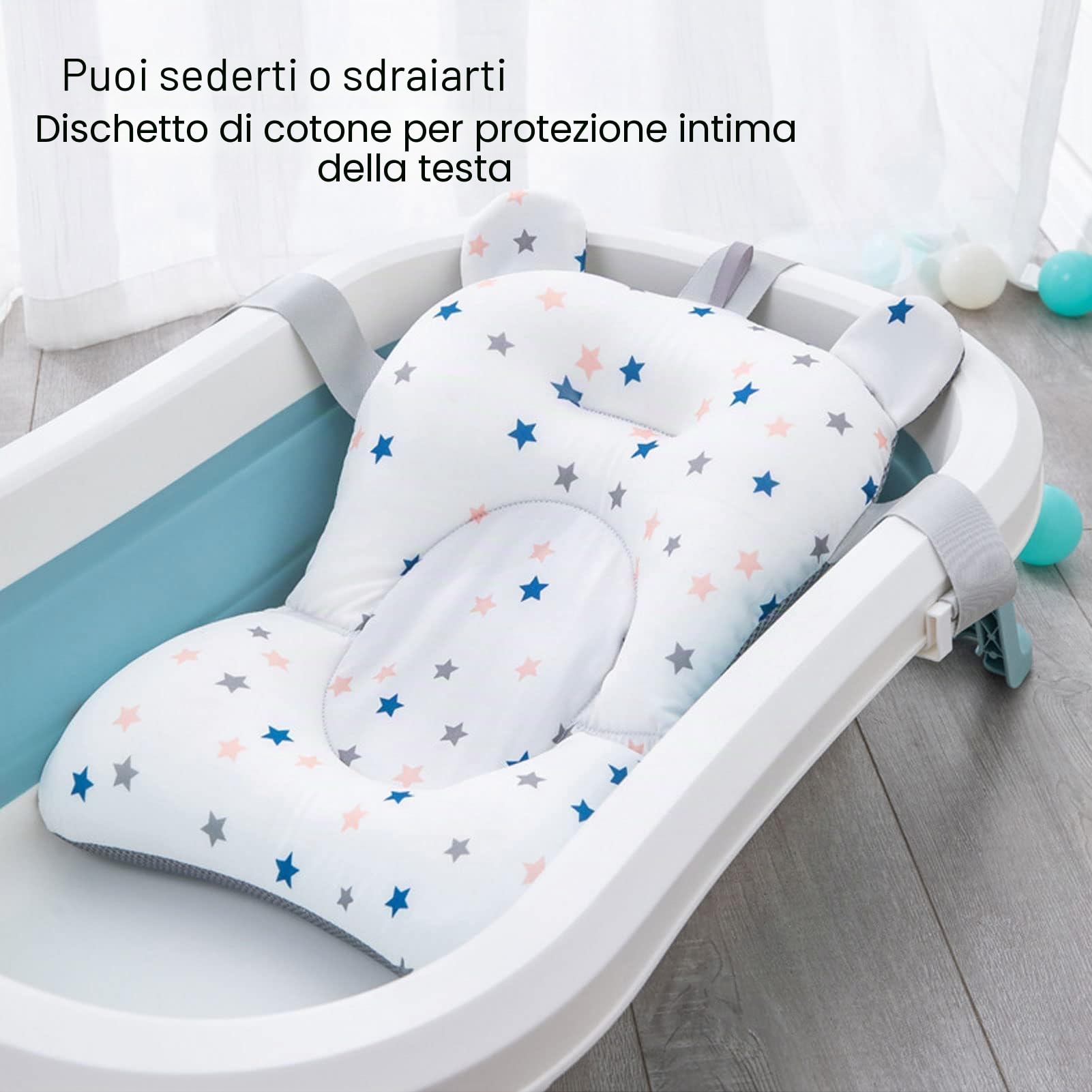 Sostenitore del Bagnetto per Neonati, Cuscino per Sedile Regolabile per Vasca da Bagno Pieghevole Morbido per Bagno per Bambini (Stelle bianche)