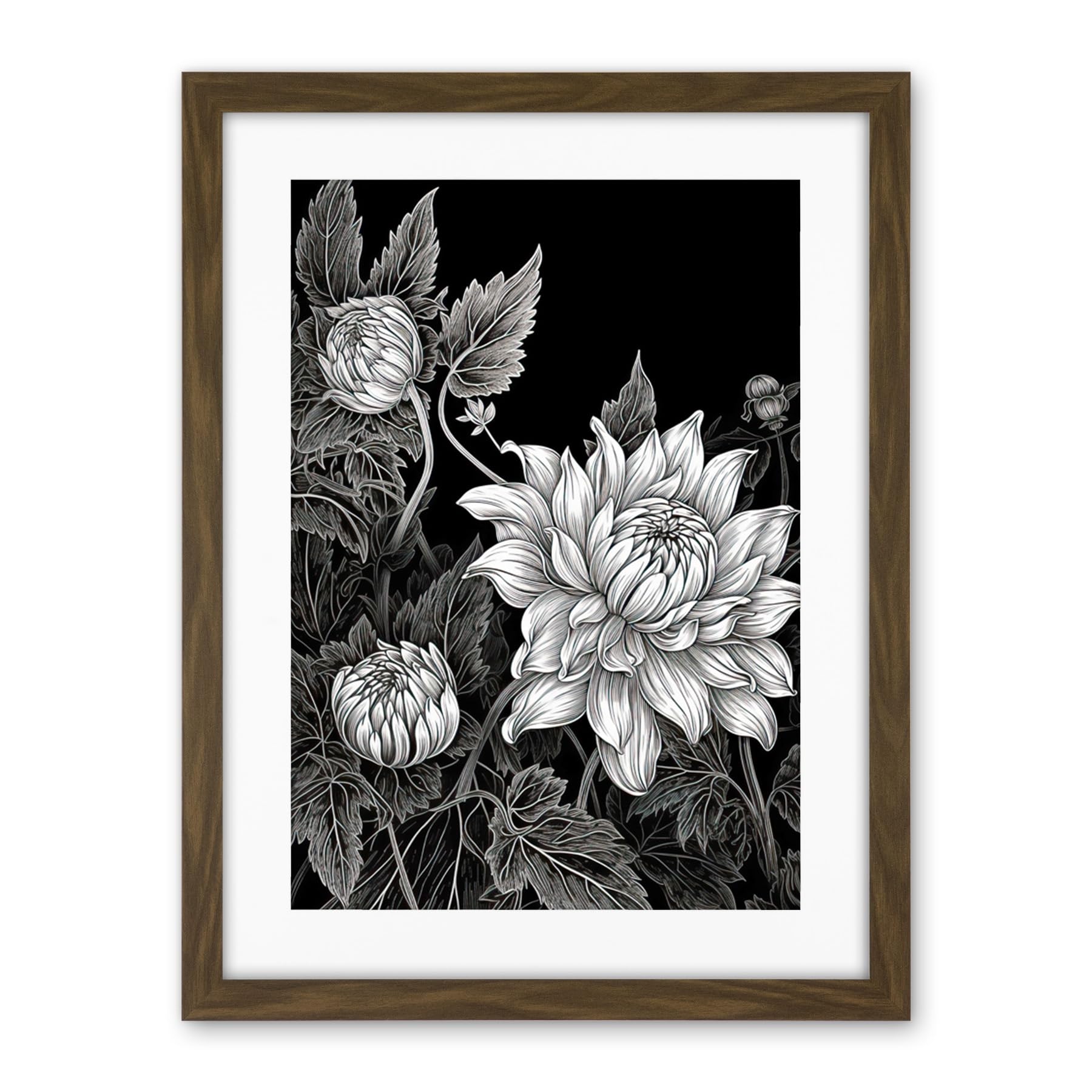 Artery8 Detailed Black and White Dahlia Flower Blooms Artwork Framed Wall Art Print 18X24 Inch