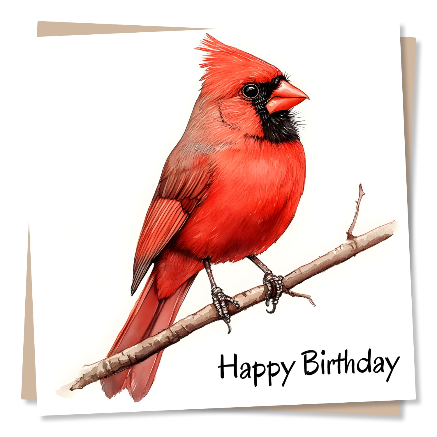 Nokular Birthday Greeting Card – Red Cardinal Bird Illustration – Blank Inside (135 x 135 mm) – Made in UK – With Envelope