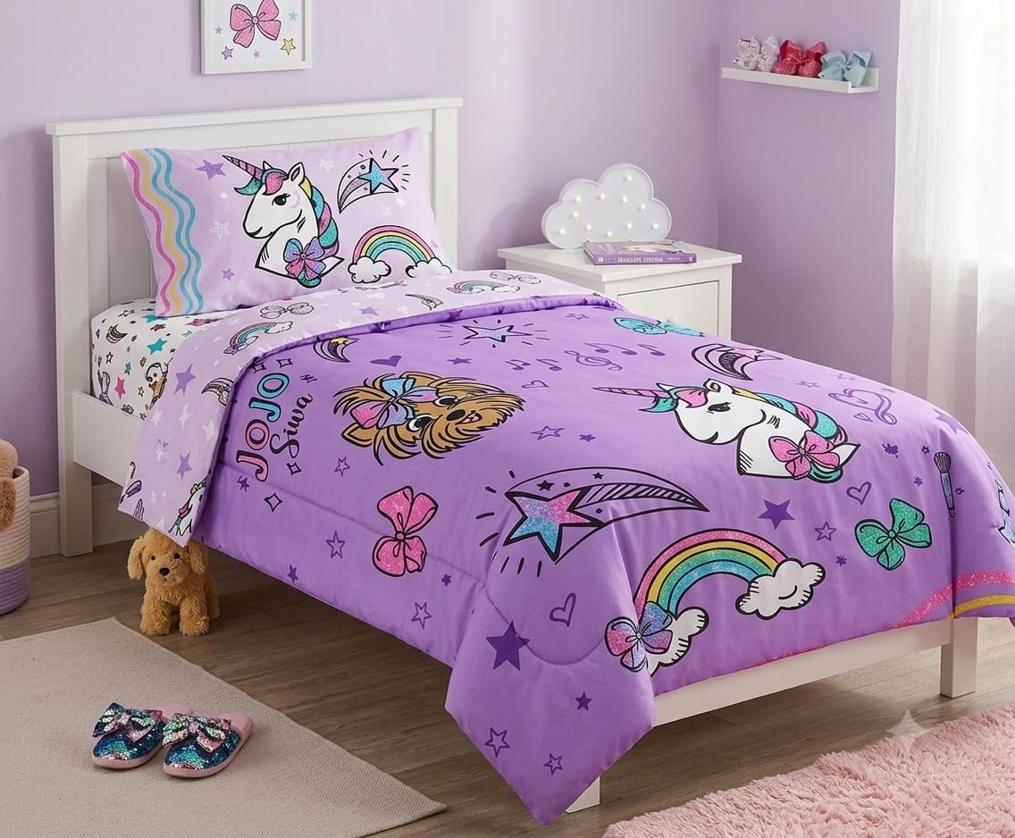 Jay Franco JoJo Siwa Sparkle 5-Piece Full Sheet Set – Includes 1 Flat Sheet&amp;Fitted Sheet,1 Comforter and 2 Reversible Pillowcases