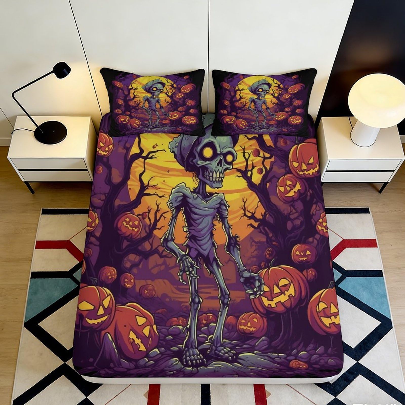 3D Printed Halloween Skeleton Fitted Sheet Microfiber Orange Pumpkin Mattress Cover for Bedroom Dorm Decor 140x200x25cm