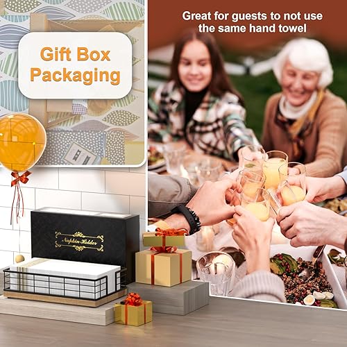 Vista 17 de Wican Bandeja para toallas de invitados para baño, soporte de servilletas de roble y hierro para tocador, mesa de comedor, cesta de madera