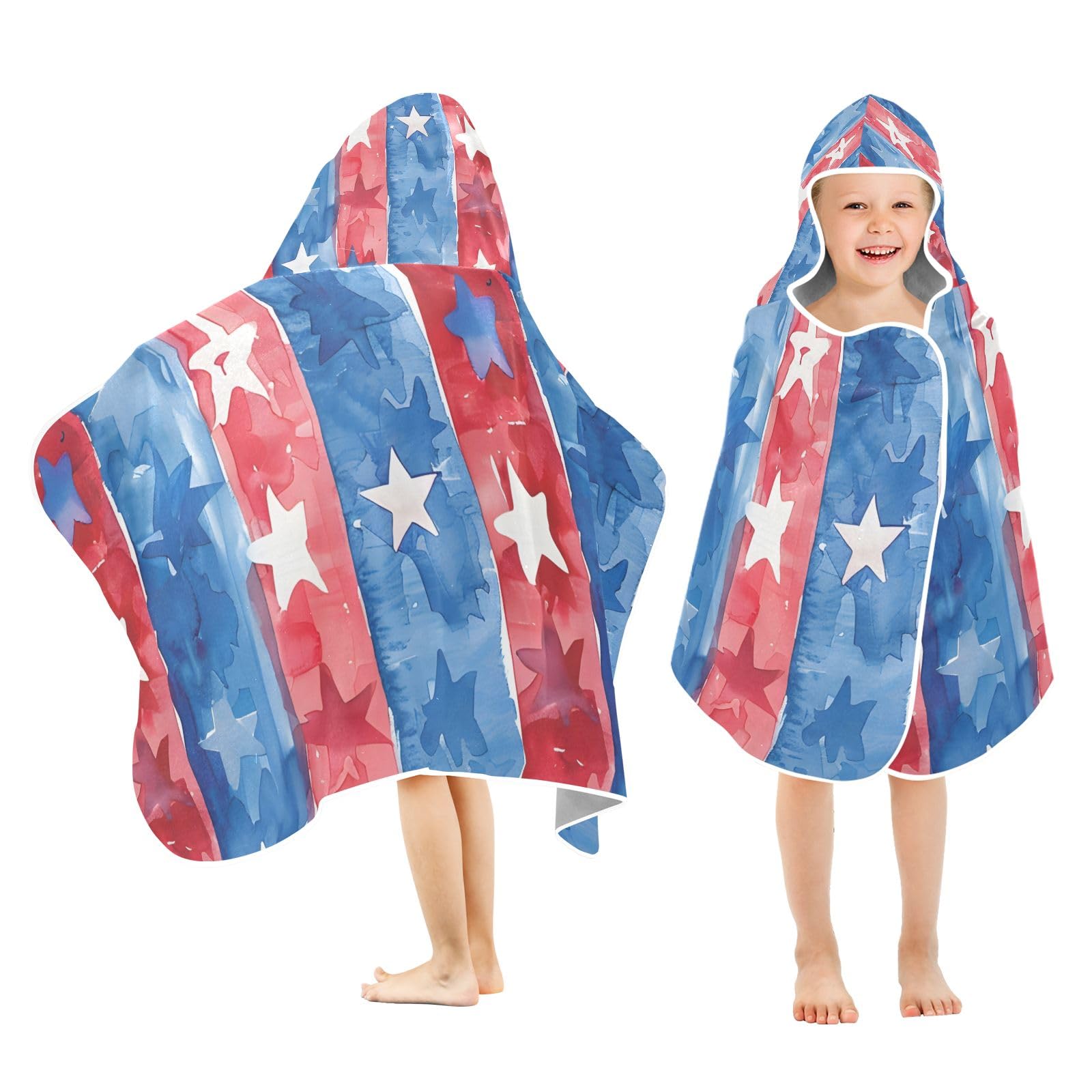 PIMILAGU Stars and Blue Stripes Hooded Beach Towel for Kids, Kids Bath Hooded Towels for Boys Girls, Super Soft Absorbent Bathrobe with Hood for Swin