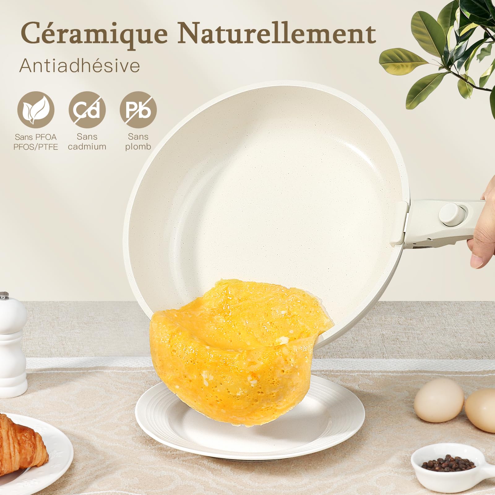 GiPP Batteries de Cuisine avec Poignée Amovible 15PCS, Sets de Poêles et Casseroles avec Revêtement Antiadhésif en Granit, Adapté au Camping, Résistantes au Four, Compatible Tous Feux, Blanc