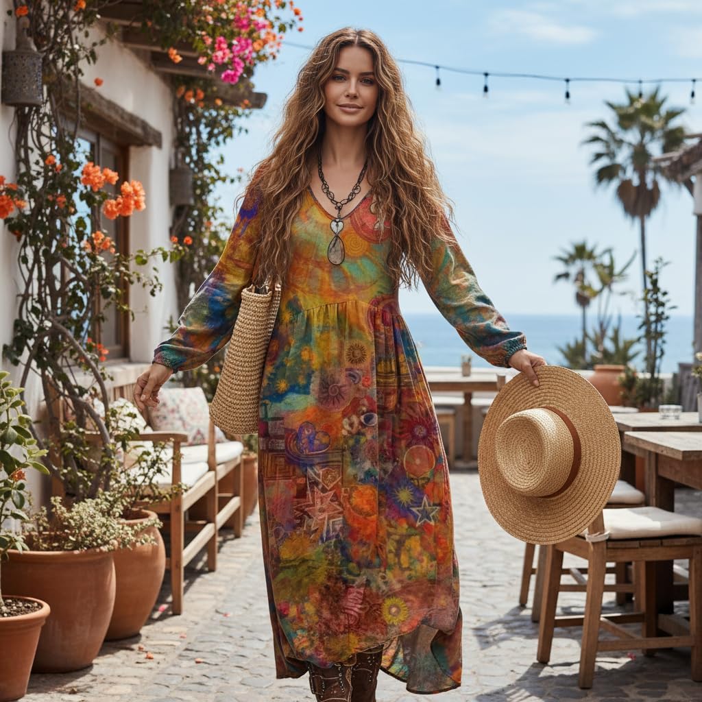 Women's Boho Long Sleeve V-Neck Maxi Dress, Floral Vintage Printed Loose Flowy Long Dress for Daily/Festival Wear - Image 2