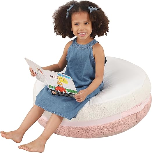 Macaron Bean Bag Chair for Kids and Teens, Medium Bean Bag Sofa with Memory Foam Filling, 27.5"×27.5"×13.5", Pink and White