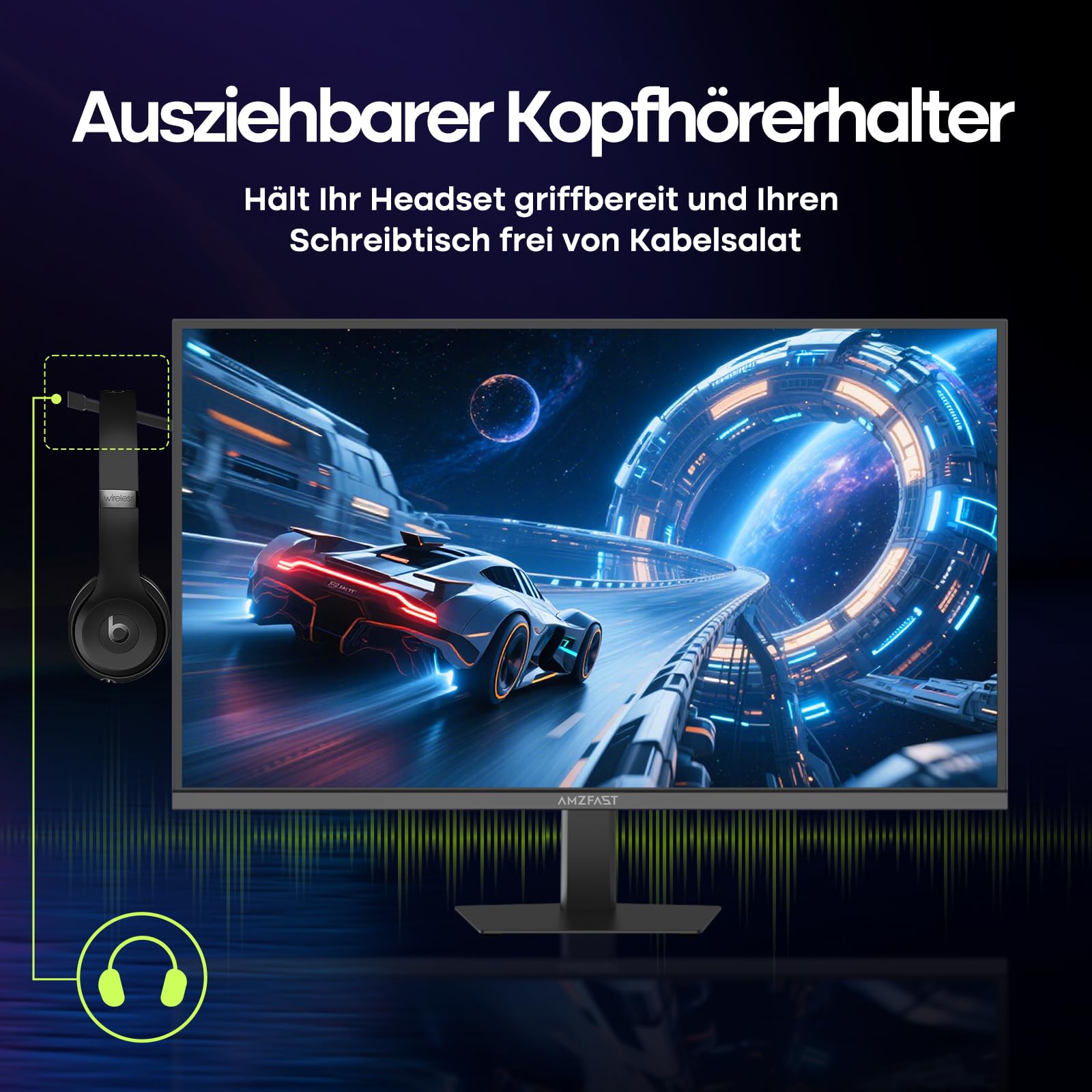 Amzfast Gaming Monitor 27 Zoll, QHD 2560x1440, 200Hz, Fast-IPS 1ms MPRT, Adaptive Sync, HDR400, 132% sRGB, Lautsprecher, VESA + ausziehbarer Kopfhörerhalter – AMZG27F5Q