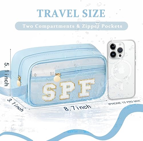 Miniatura 2 de COSHASYOO - Bolsas de maquillaje transparentes con correa de chenilla con parche de letras para cosméticos, bolsa pequeña y bonita para artículos de