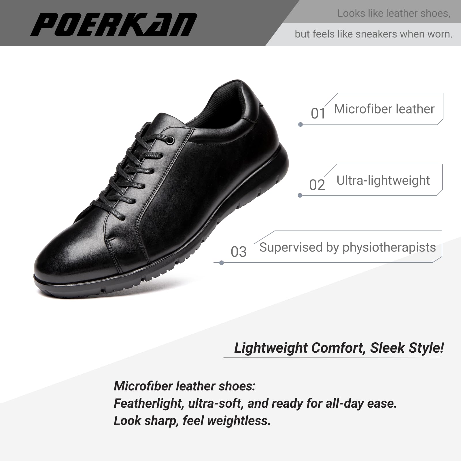 Poerkan Sneaker da uomo in pelle leggera – supporto per arco plantare, antiodore e anti-fatica, per una passeggiata tutto il giorno, raccomandate dai fisioterapisti