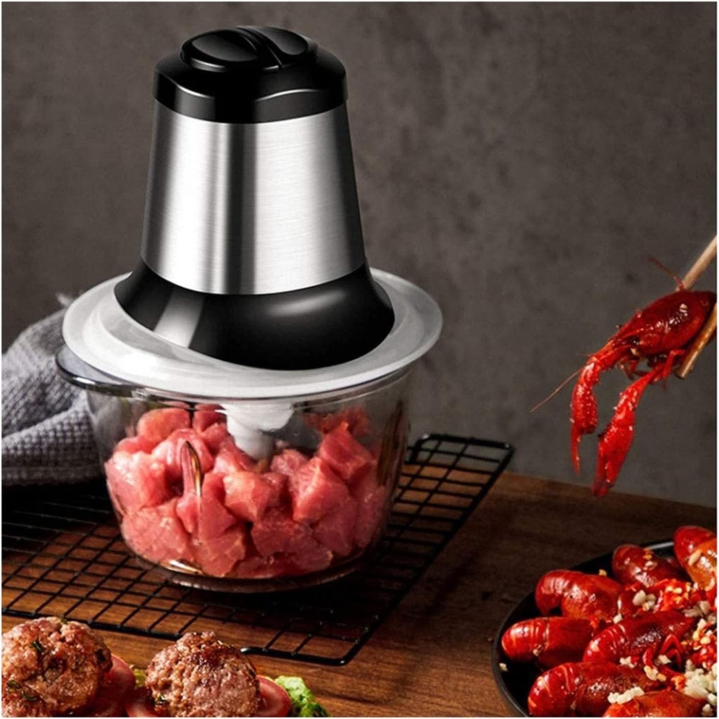 Meat Grinder Food Grinder Electric Food Chopper Meat Processor 2L(200W) Meat Chopper Stainless Steel Kitchen Food Processor for Meat Vegetables with Stainless Steel Bowl and 4 Sharp Blad