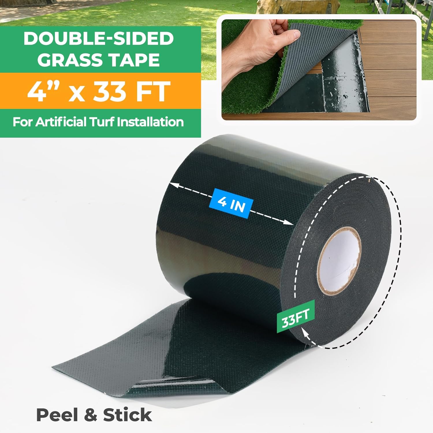 4 Inch Double Sided Turf Tape for Artificial Grass with Self-Adhesive 2X Strength 500g, Double Sided Artificial Grass Tape for Patios Decks Indoor Floors 4" × 33ft (10.5cm × 10m)
