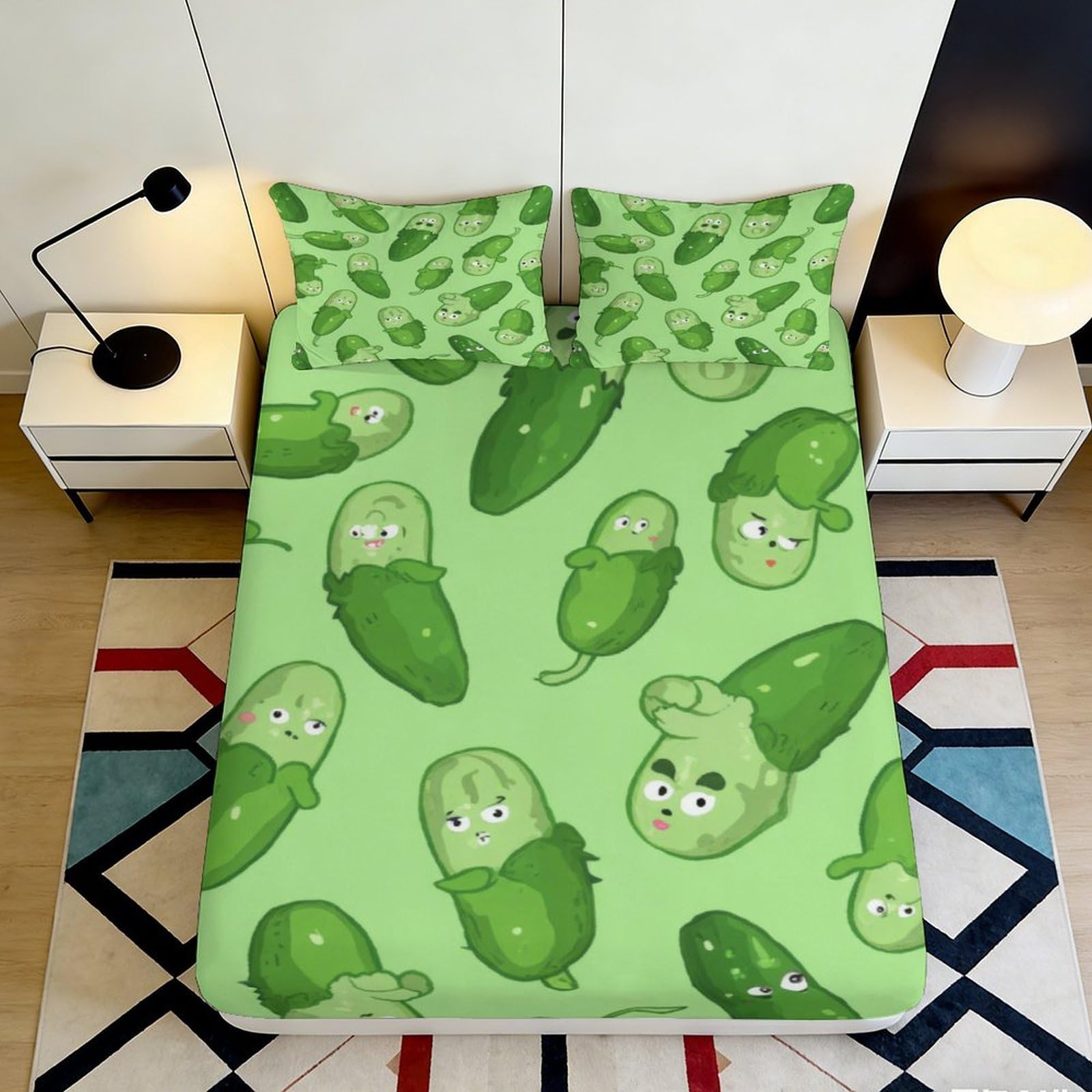 3D Printed Cartoon Cucumber Fitted Sheet Microfiber Soft Anti-Slip Vegetable Bed Cover for Bedroom Dorm Easy Care Decor 90x200x25cm