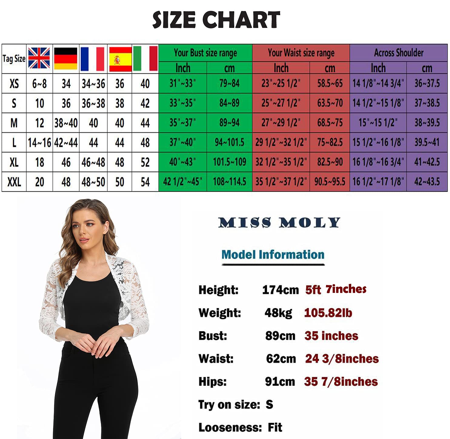 MISS MOLY Damskie bolerko, koronkowa kurtka, odświętna, krótka, kardigan, rękawy 3/4, kardigan z dzianiny, na wesele, sukienka koktajlowa