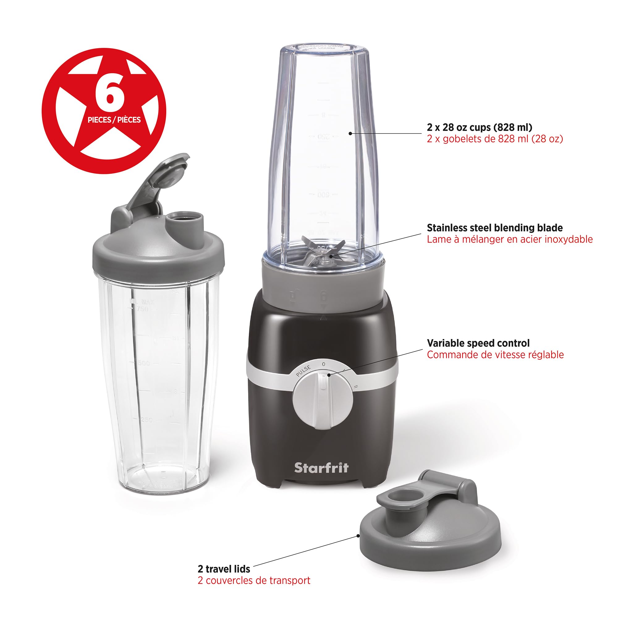 Starfrit Licuadora Personal - Dos Vasos de 828ml - Modos Alto, Bajo y Pulso - 300W - Negro