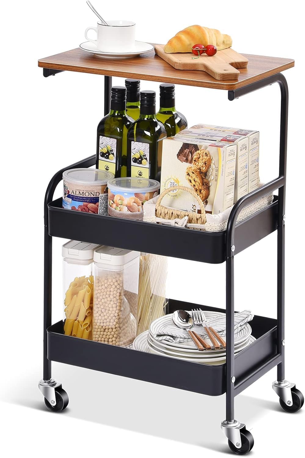 Breewell Rolling Storage Organizer with Wooden Tabletop, Metal Utility, Lockable Wheels for Kitchen, Office, Bedroom (2-Layer Square with Wooden Top)-image-34