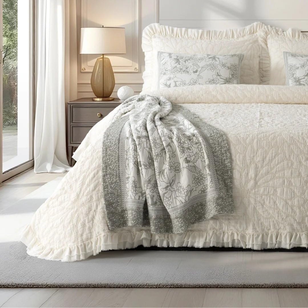 Colcha Flor con Volantes Marfil - 100% Algodón - Cama 150 cm (Colcha 240 x 260 cm) - Flores- Fabricado Portugal