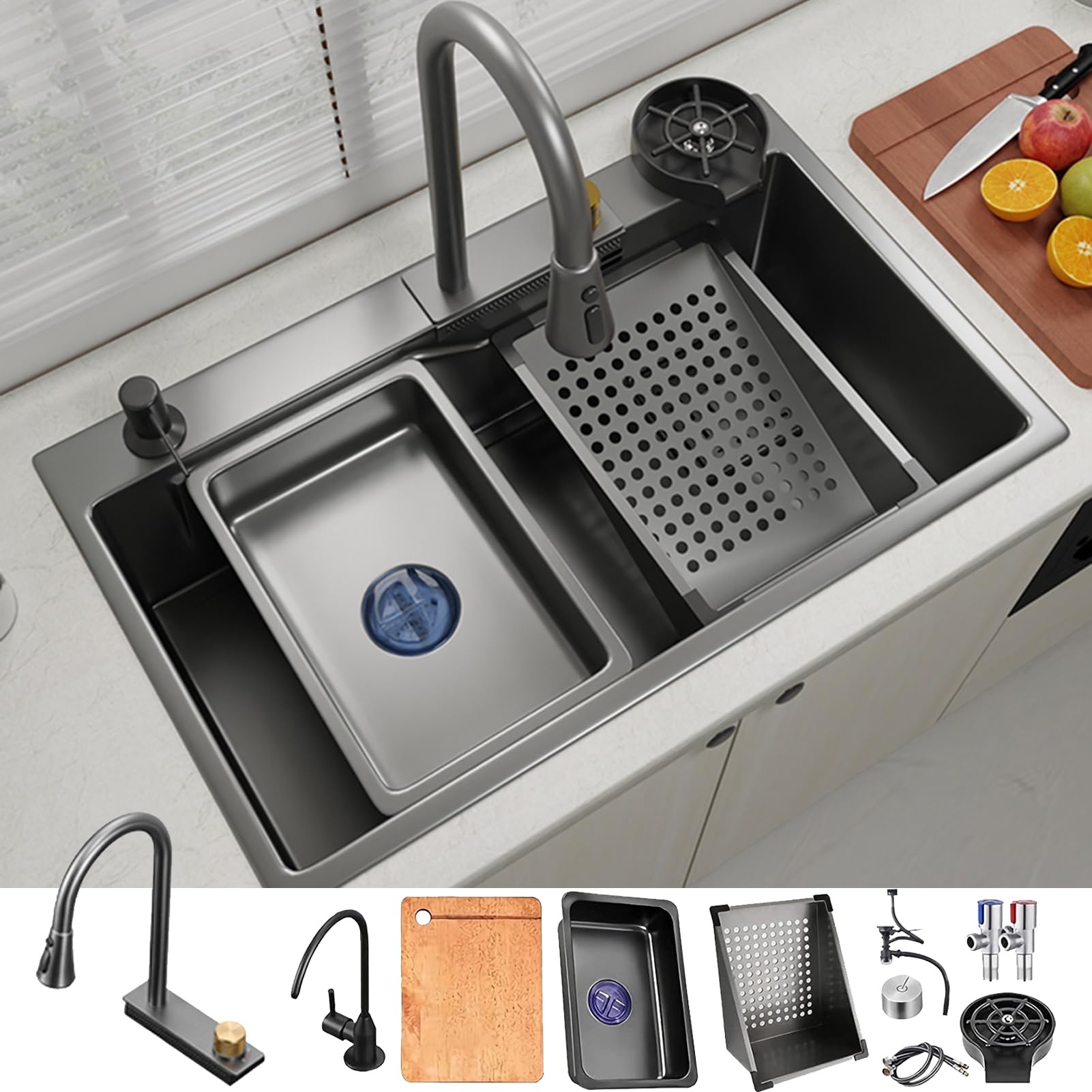 ZQFHSX Kitchen Sink 304 Stainless Steel Nano Raindance Waterfall Home Vegetable Basin Single With Faucet/accessories (Size : 68x45cm)