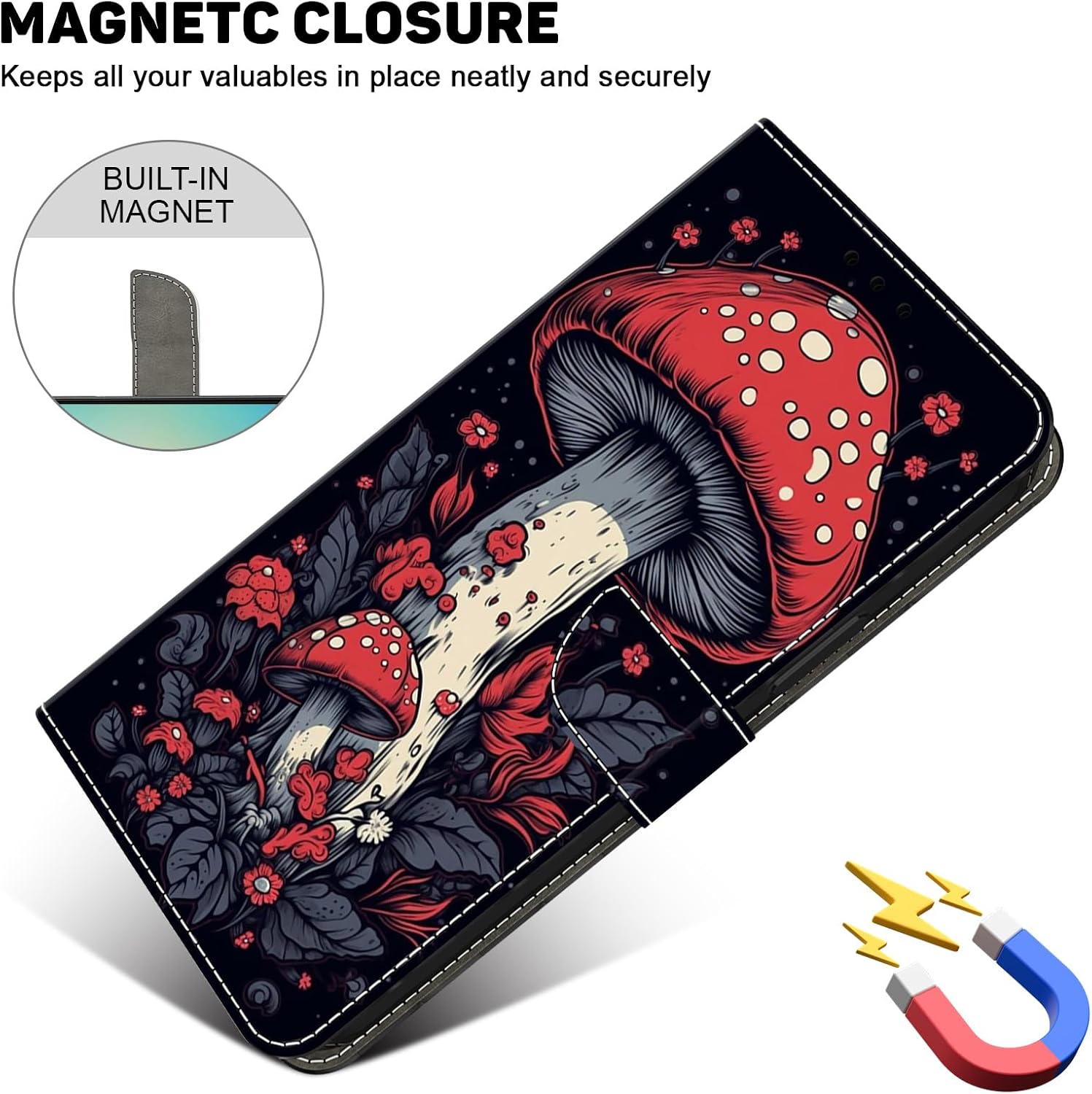 ALILANG for Google Pixel 10 Pro/Pixel 10 5G Case, PU Leather Wallet Flip Cover with Standing Function Card Holder and Wrist Strap for Pixel 9 Pro/Pixel 9 5G Phone Case -Red Mushrooms