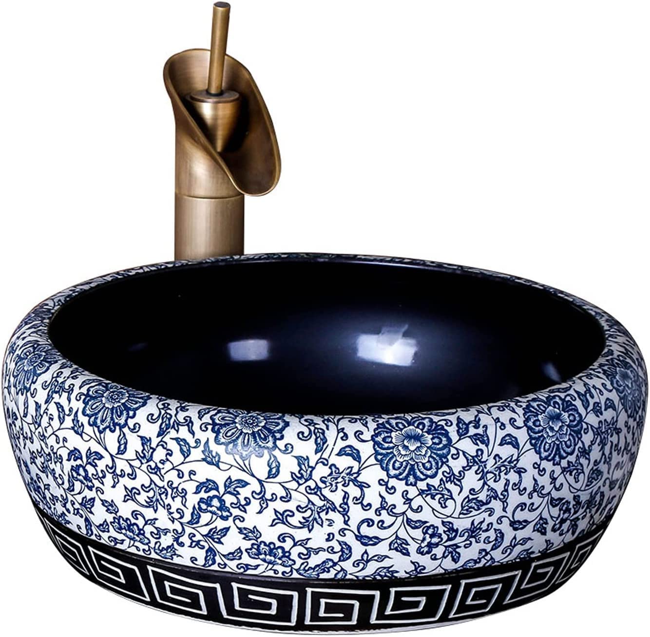 WOTZOV Ceramic Bathroom Sink Bathrooms Basin Ceramic Bathroom Vessel Sink, Traditional Blue And White Above Counter Vanity Sink, 16.5'' X 16.5'' Circular Bathroom,Singlepot
