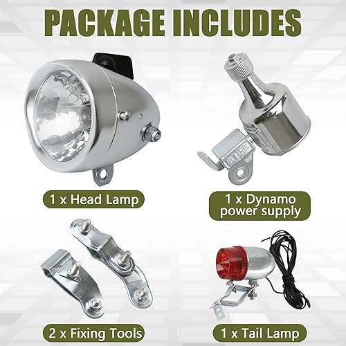 Miniatura 3 de Dynamo - Kit de luces para bicicleta motorizada vintage de fricción de 12 V 6 W, generador de faros delanteros y luces traseras, estilo retro, juego