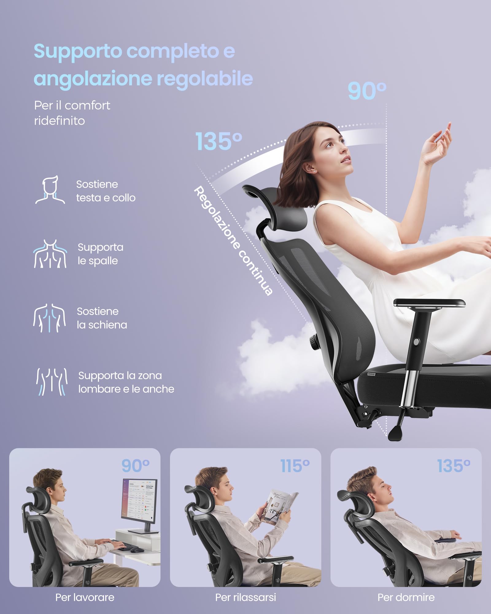 SONGMICS Sedia da Ufficio Ergonomica, Sedia da Scrivania Gaming, Supporto Lombare e Poggiatesta Regolabili, Braccioli, per Diverse Altezze, Portata 150 kg, Nero Inchiostro OBN067BH01