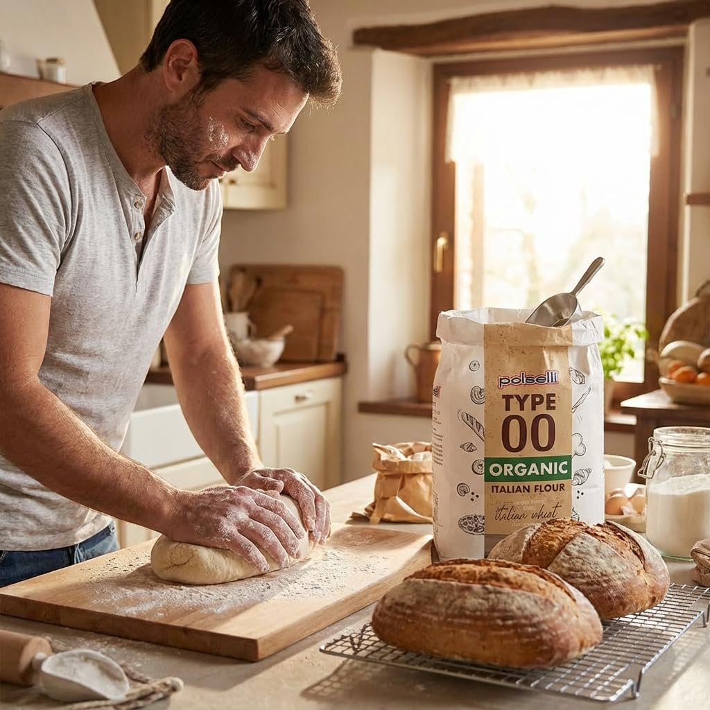 POLSELLI Organic Flour, Type 00, 100% Italian Grain, Double Zero Flour, OO Extra Fine, 5 kg, 11 lbs, BIO, Neapolitan Italian Pizza, Bread, Pasta, All Natural, Unbleached, All-Purpose, Unbromated, No Additives