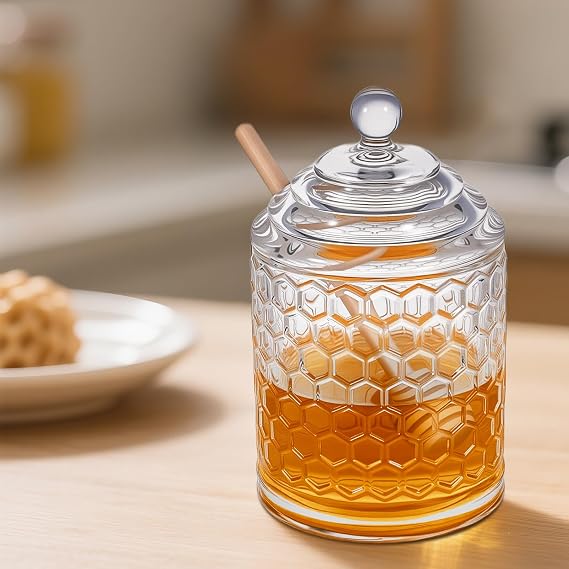 9 oz Clear Crystal Glass Honey Pot with 2 Dipper Sticks - No Drip Honey Dispenser Jar with Lid, Syrup Honey Container for Home Kitchen Storage Holder