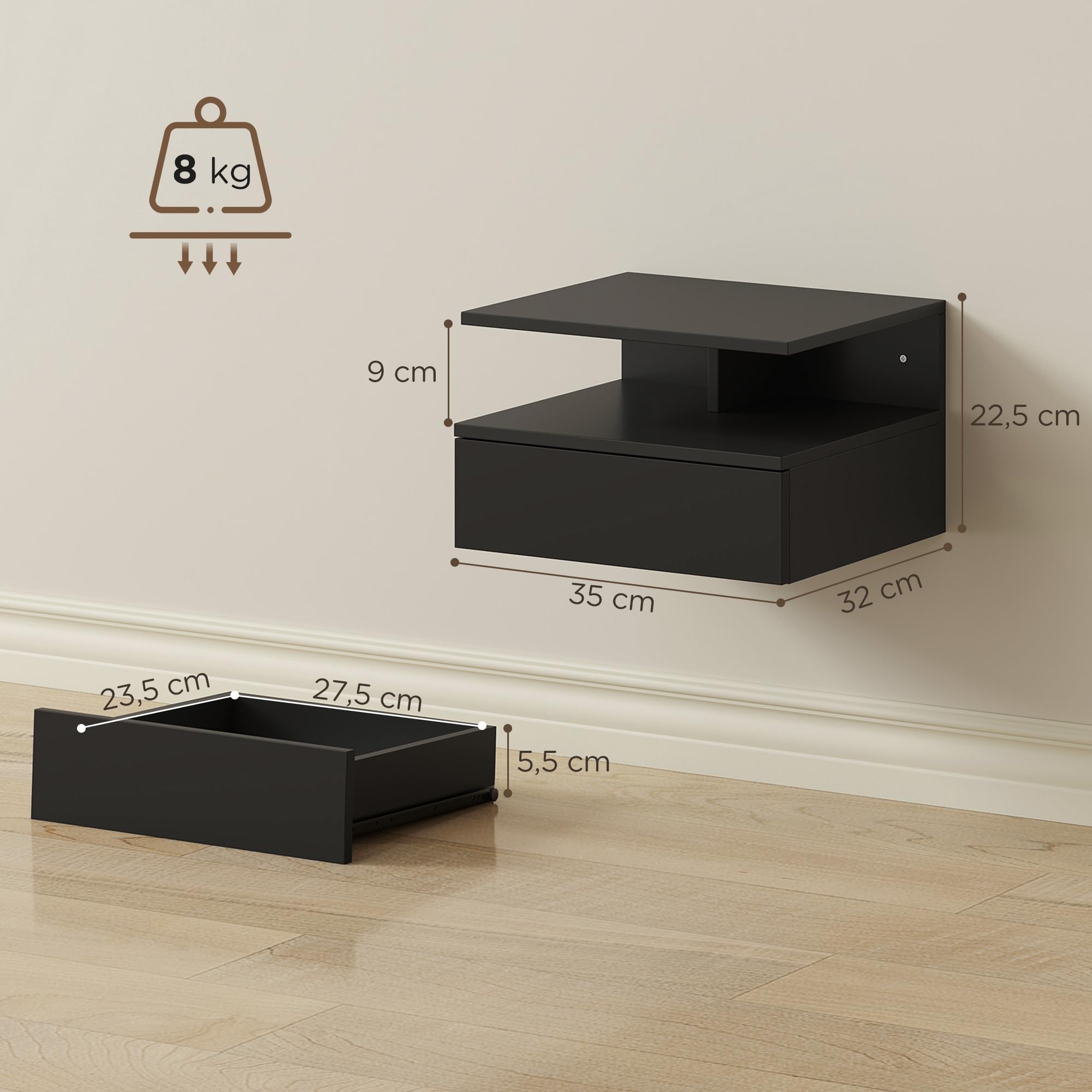 HOMCOM Lot de 2 Tables de Chevet murales, Tables de Nuit suspendues avec tiroir Coulissant, Compartiment Ouvert, Plateau, Style Moderne, pour Chambre à Coucher, 35 x 32 x 22,5 cm, Noir