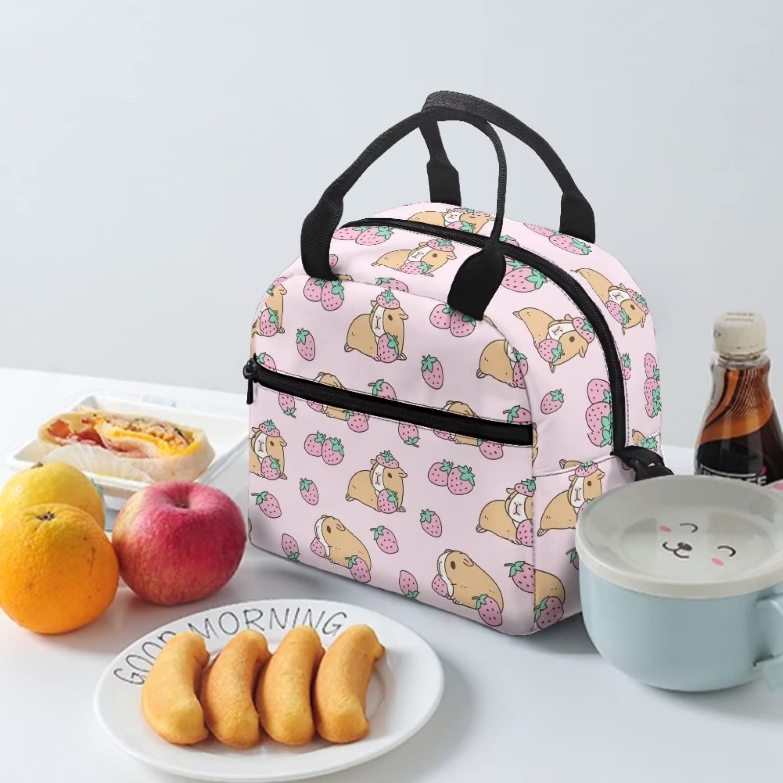 HELLHERO Cute Guinea Pig Lunch Bags for Kids Girls Insulated Coolers Lunch Box Reusable Lunch Tote Bag Snacks Containers for Women Work Picnic Outdoor with Long Strap - Image 3