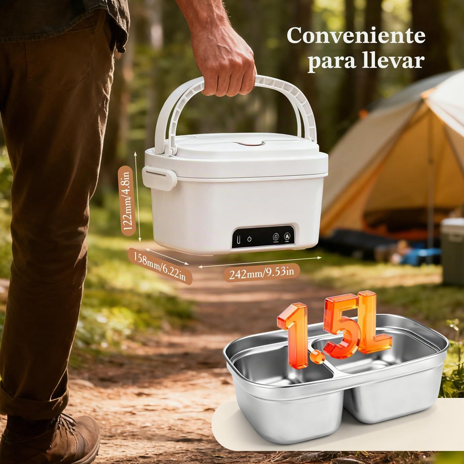 Fiambrera eléctrica inalámbrica con Cubiertos y Bolsa, Recargable por USB, Fiambrera a Prueba de Fugas con batería de 15600 mAh, 1,5 L, Cuenco Calefactor para Viajes, Oficina, Picnic
