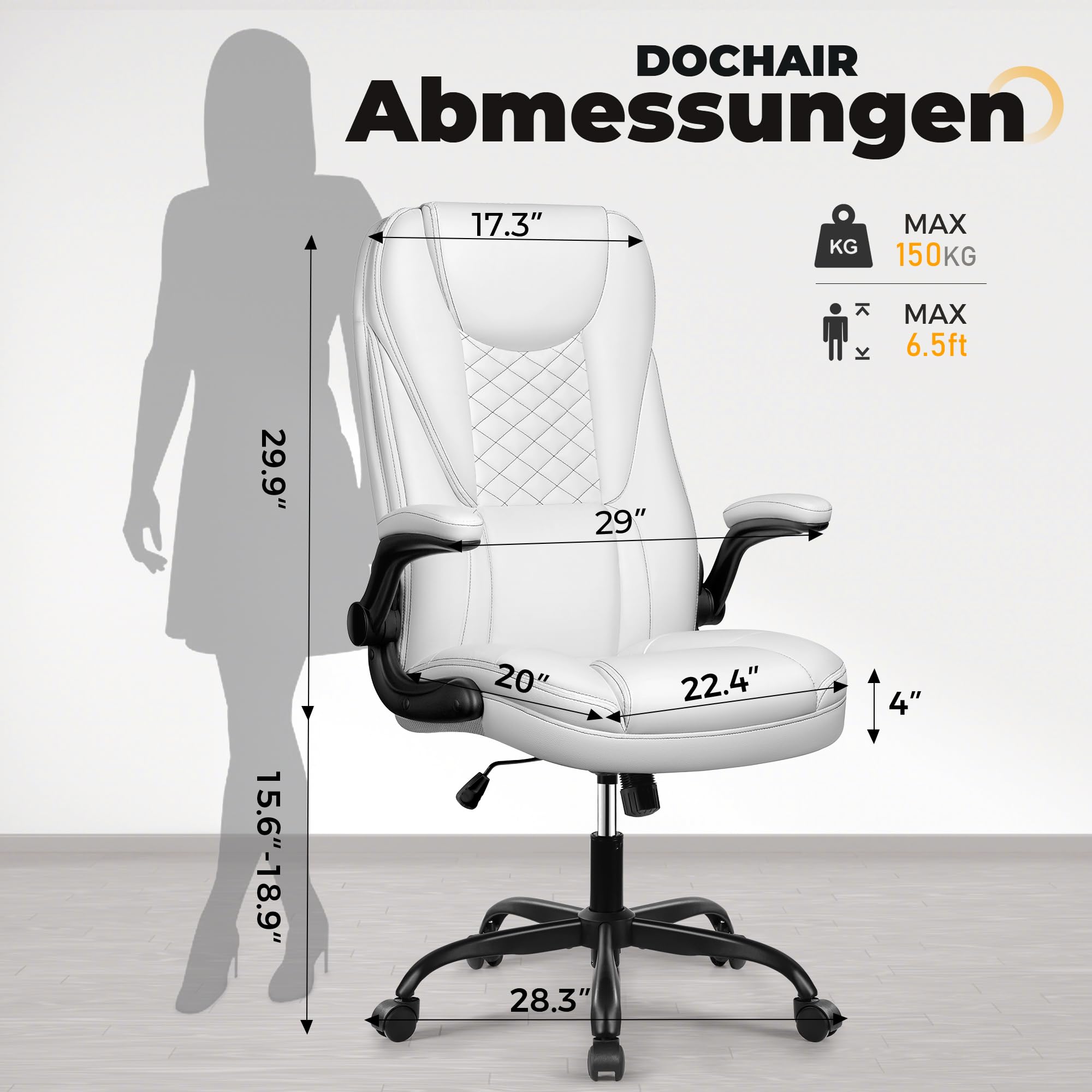 Bürostuhl ergonomischer Chefsessel Schreibtischstuhl Wippfunktion höhenverstellbarer Drehstuhl mit Kopfstütze Armlehnen 150KG, Weiß