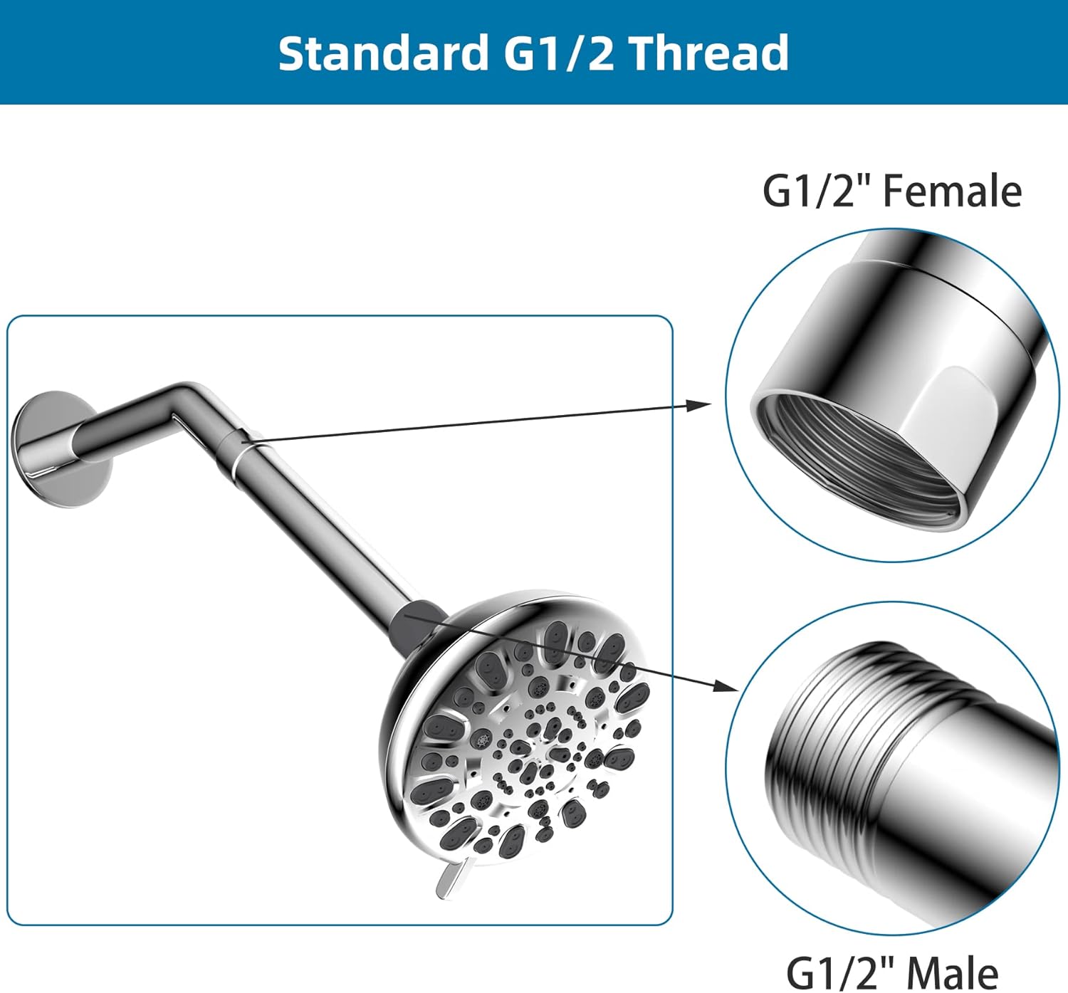 Hibbent All Metal Rain Shower Head with 6 Inch Shower Head Extension Arm