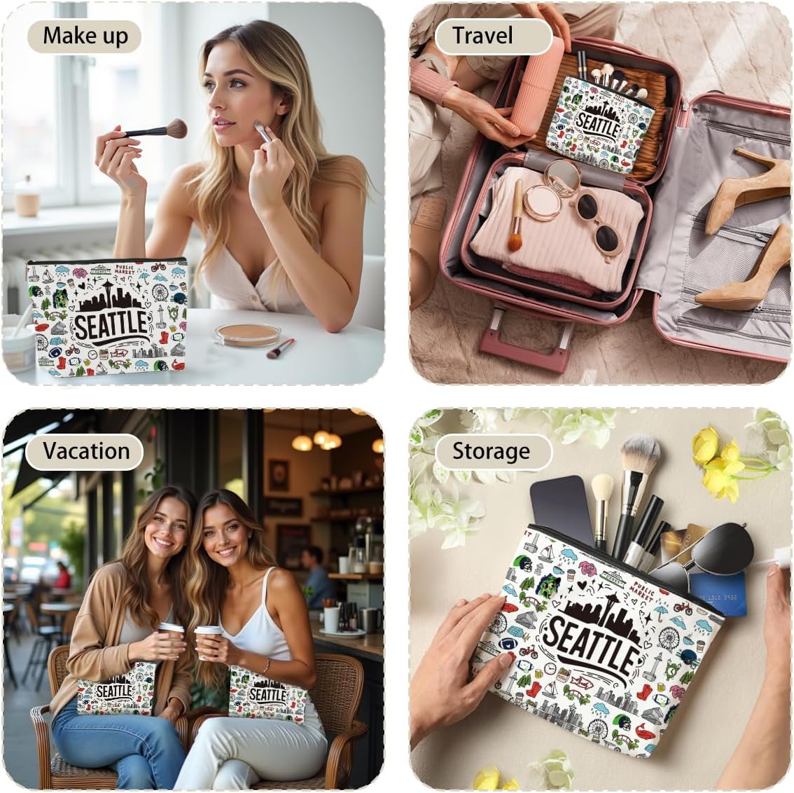 4PCS Seattle Themed Makeup Bag - Seattle Souvenirs Gift for Women, Best Friend, Sister - Travel Friendly Cosmetic Bag, Birthday Christmas Gifts - Image 4