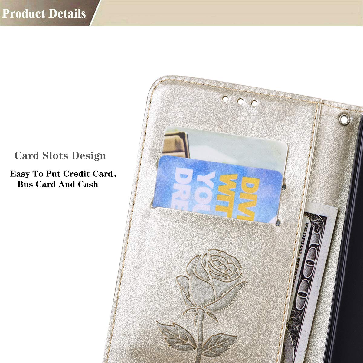 ALAMO Cover Rosa in Rilievo per Xiaomi Redmi Note 10 4G / Note 10S, PU Pelle + TPU Silicone Custodia Case con Carte Slot Portafoglio - Oro