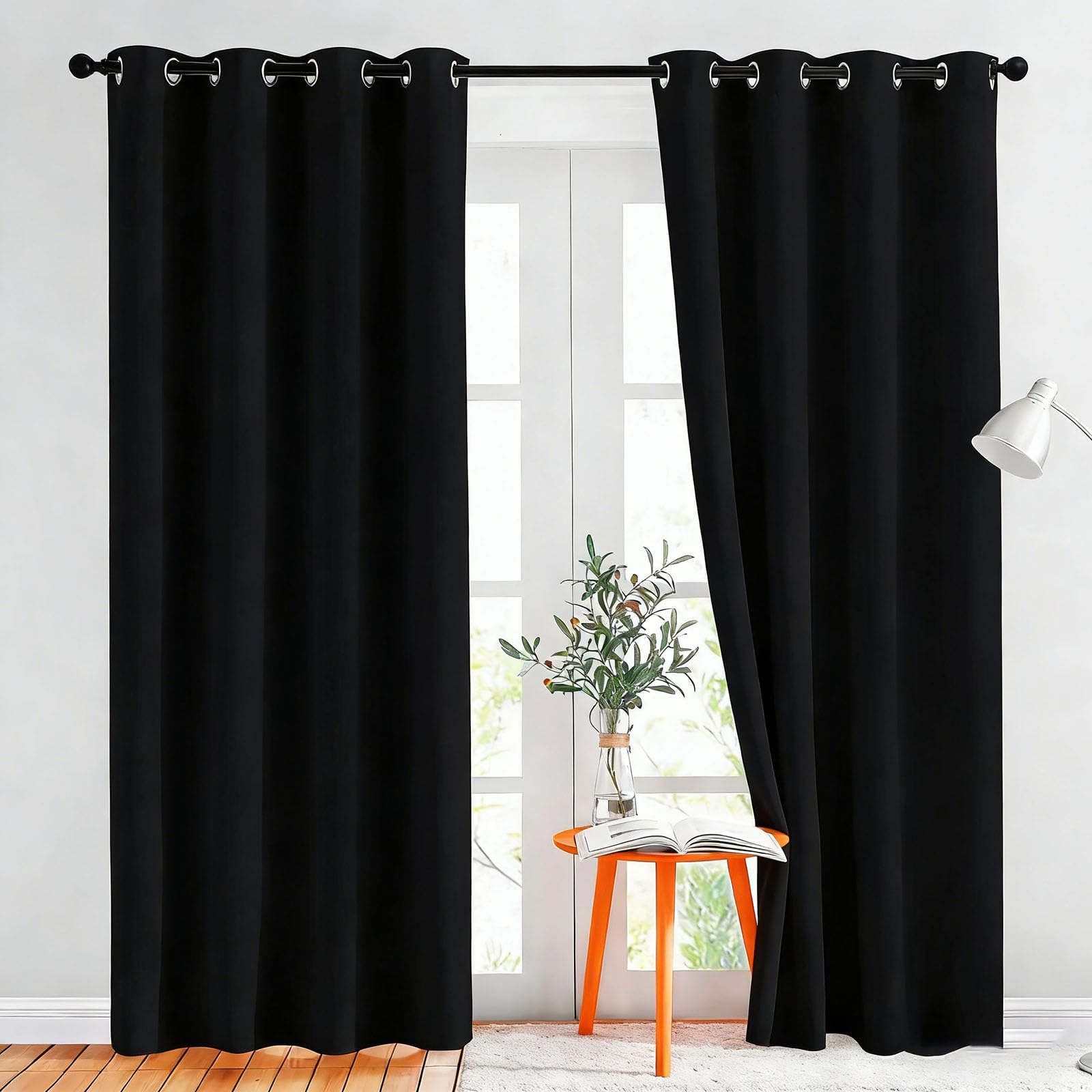 Rideau thermique isolant 240x265 cm noir à oeillets pour salon et grande porte-fenêtre