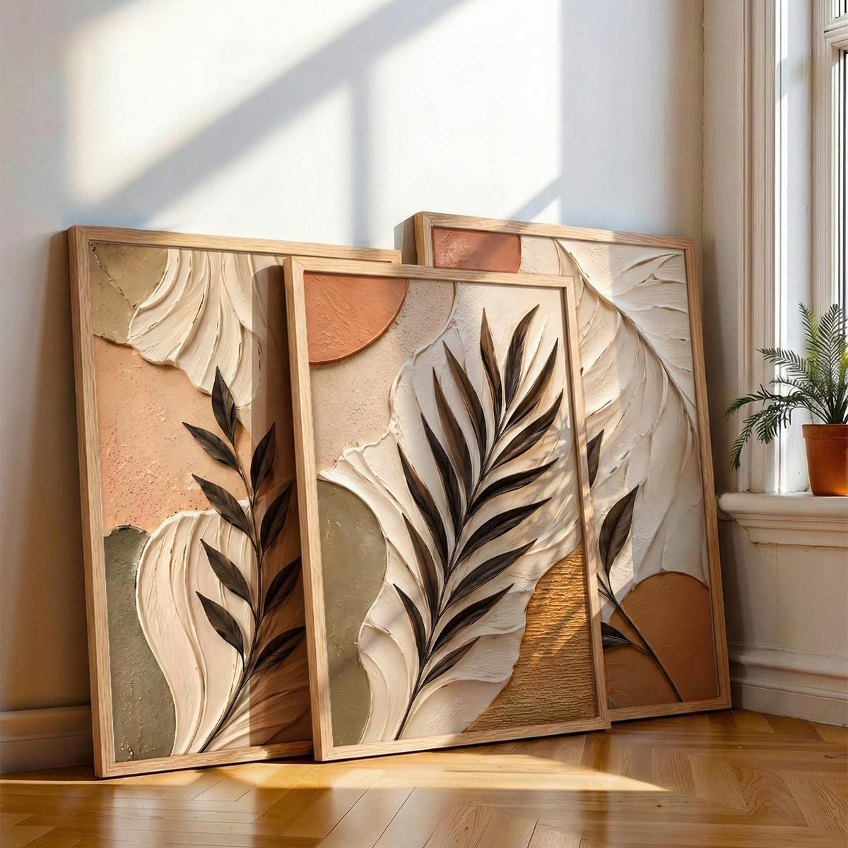 NoWorries Abstract Leaf Wall Art Set of 3 with Frame | Premium Textured Black Leaf Painting, Earthy Terracotta Botanical Wall Decor for Living Room, Bedroom, Dining Area, Office and Home Decoration (Art-9,13x19inch)-picture-38