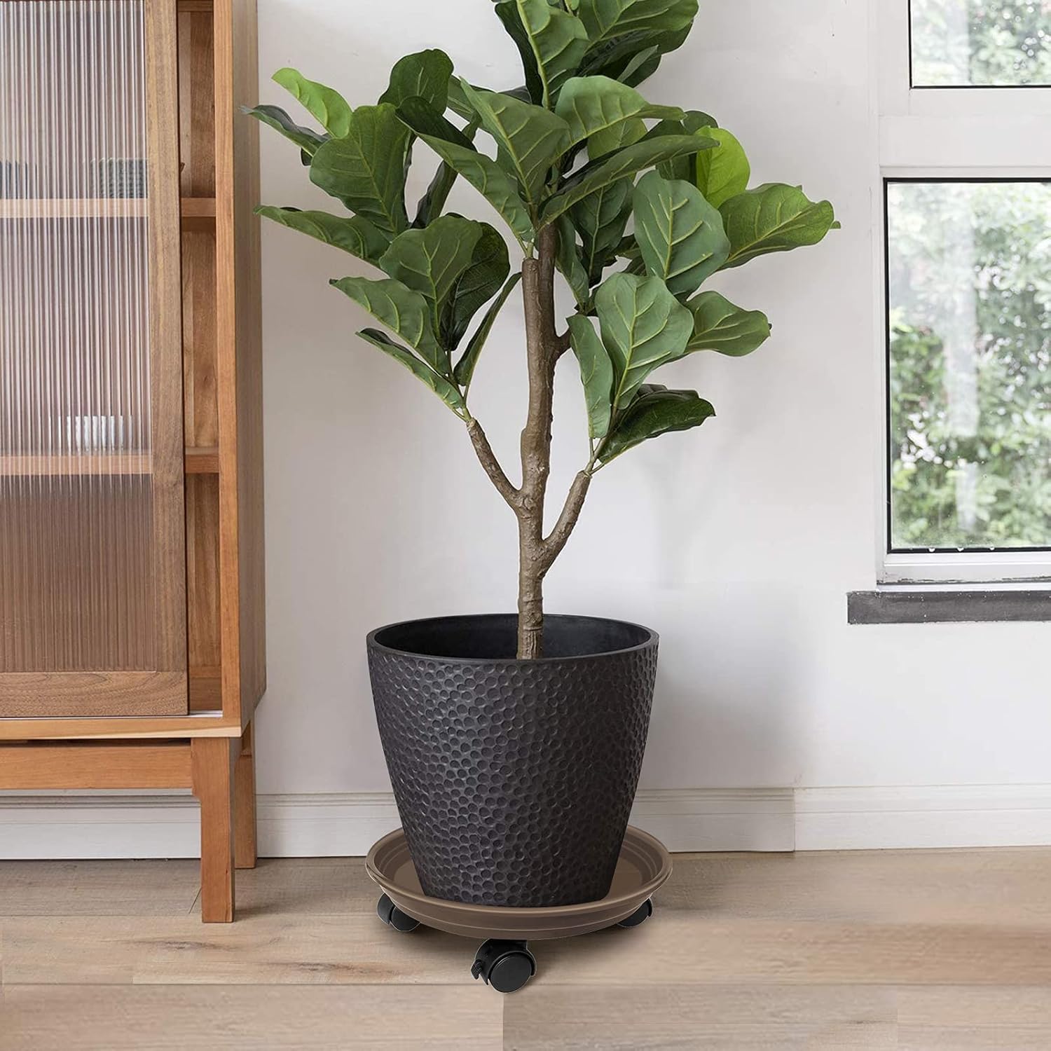 2 Pack of Plant Pallet Caddy with Wheels, Round Flower Pot Mover, Indoor Rolling Planter Dolly on Wheels, Outdoor Planter Trolley Tray Coaster, Brown