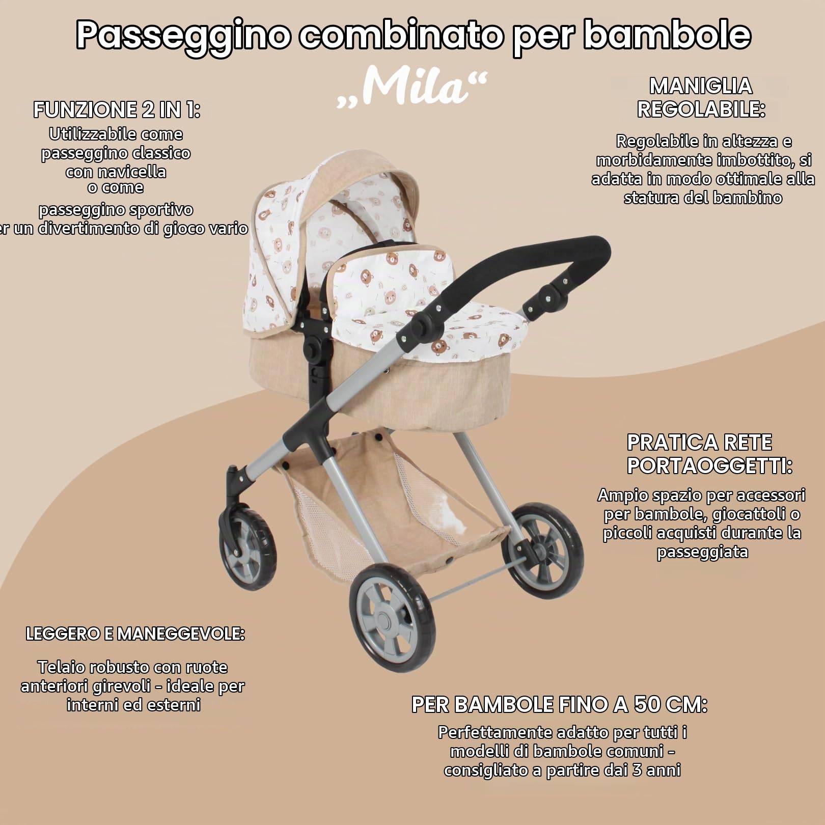 Bayer Chic 2000® Passeggino per bambole Mila 2 in 1, orsetto beige, manico regolabile in altezza 39-72 cm, telaio moderno, bambole fino a 50 cm, 3-7 anni