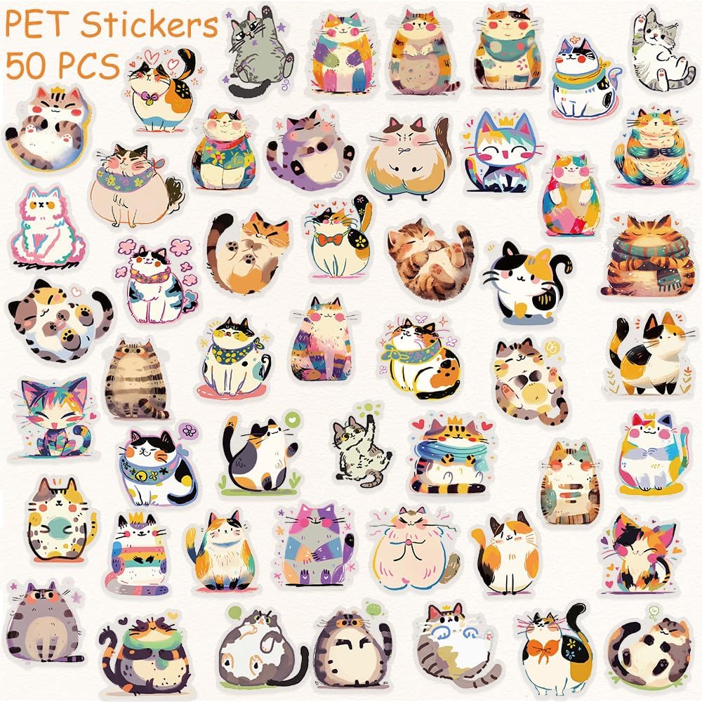 50 Cute Cat Stickers - Transparent Waterproof Kawaii Kitten for Scrapbooking, Journals, Cat Lovers Gifts image 2
