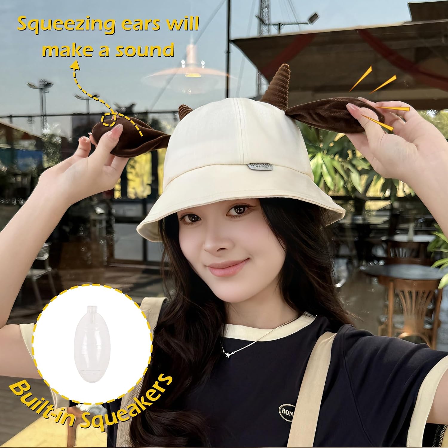 Cute Bucket Hat with Goat Horns and Ears Summer Sun Hat for Women Novelty Fishing Cap Men Rave Hat Theme Party