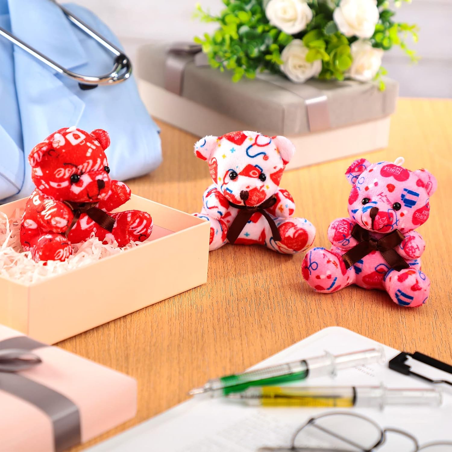 18 Pcs Nurse Week Appreciation Gifts Stuffed Bears Bulk Small Nurses Day Plush Bear 4 Inch Mini Plush Stuffed Animals with Syringe Stethoscope First Aid Kit Pattern for Nurse Graduation Gifts 2026 image 3
