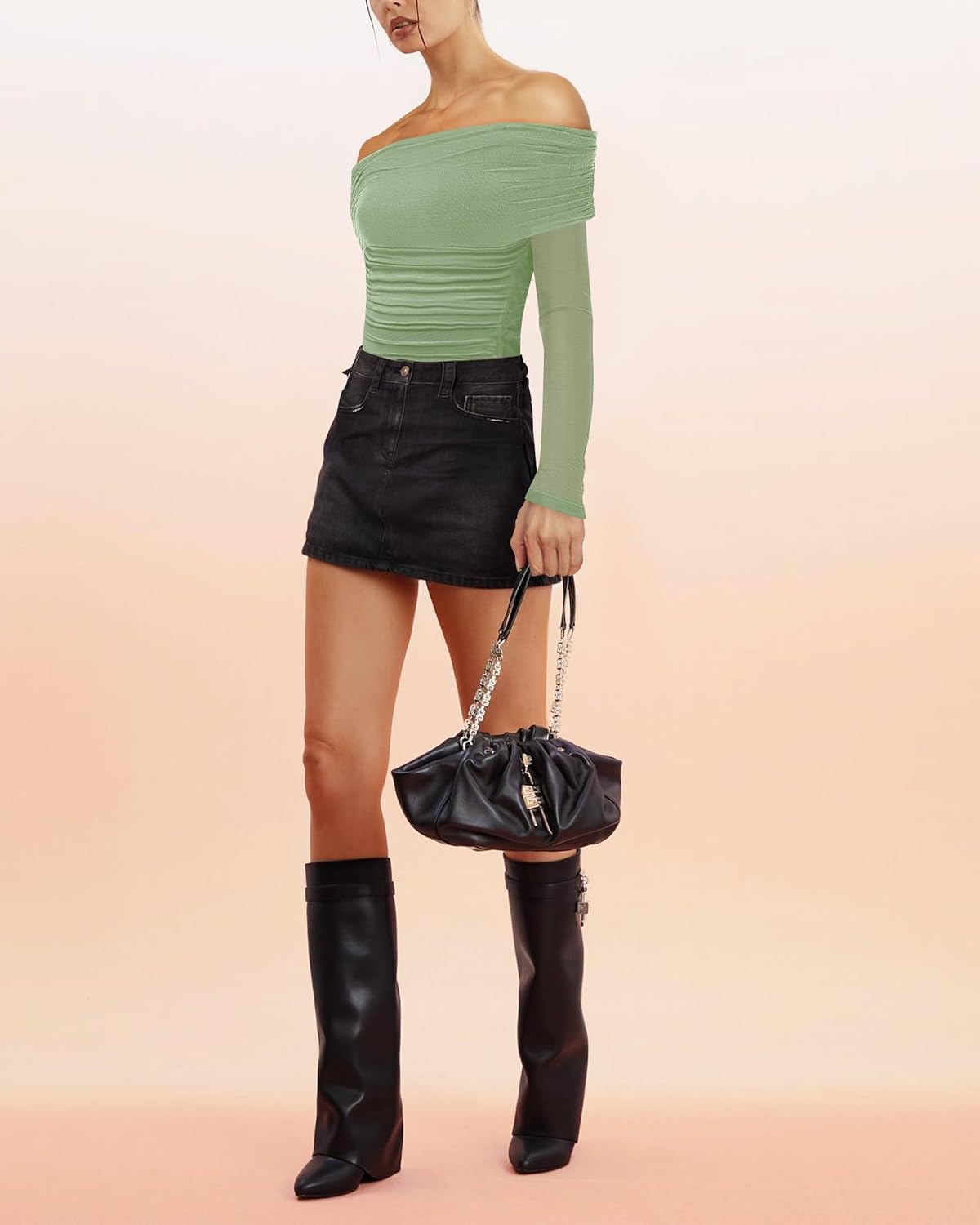 SAUNGKUAI Women's Off The Shoulder Long Sleeve Bodysuit Sexy Slimming Body Suit Tops Sheer Mesh Ruched Fall Outfits 2026 - Image 7