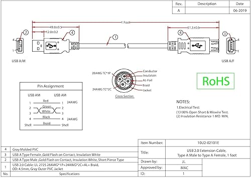 Miniatura 3 de CableWholesale Cable de extensión USB tipo A machotipo A de 6 pies, versión 2.0, negro (10U2-02106EBK)