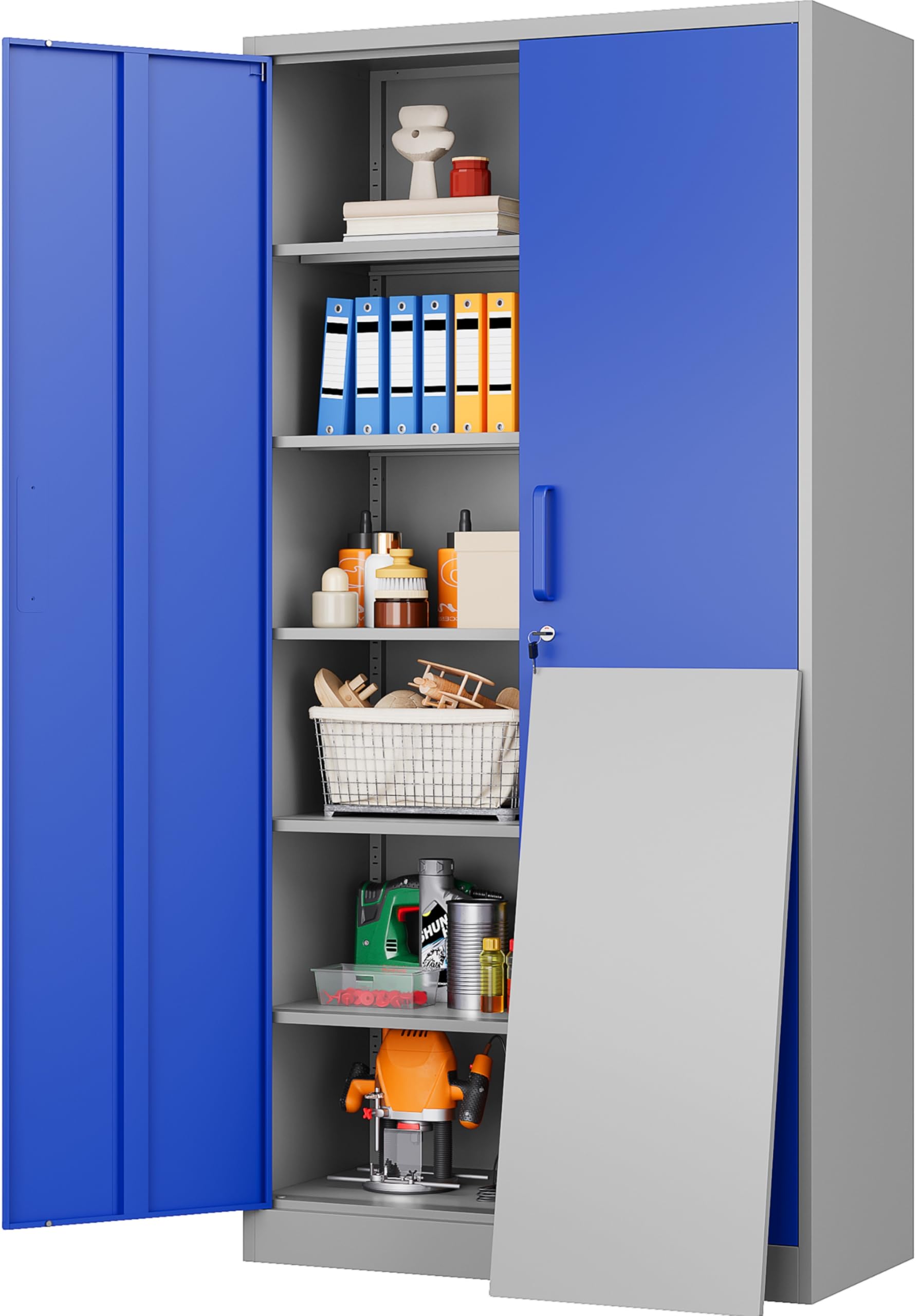 Metal Cabinet with 5 Adjustable Shelves,6 Tier Garage Storage Cabinet with Lock,Gray Blue Metal Storage Cabinet with Locking Doors,Steel Cabinets,71" Lockable Storage Cabinets for Home,Office,Garage
