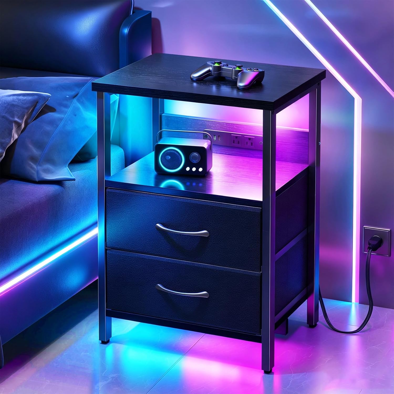 Black Led Night Stand with Dynamic RGB Color Light, Gaming Room Decor