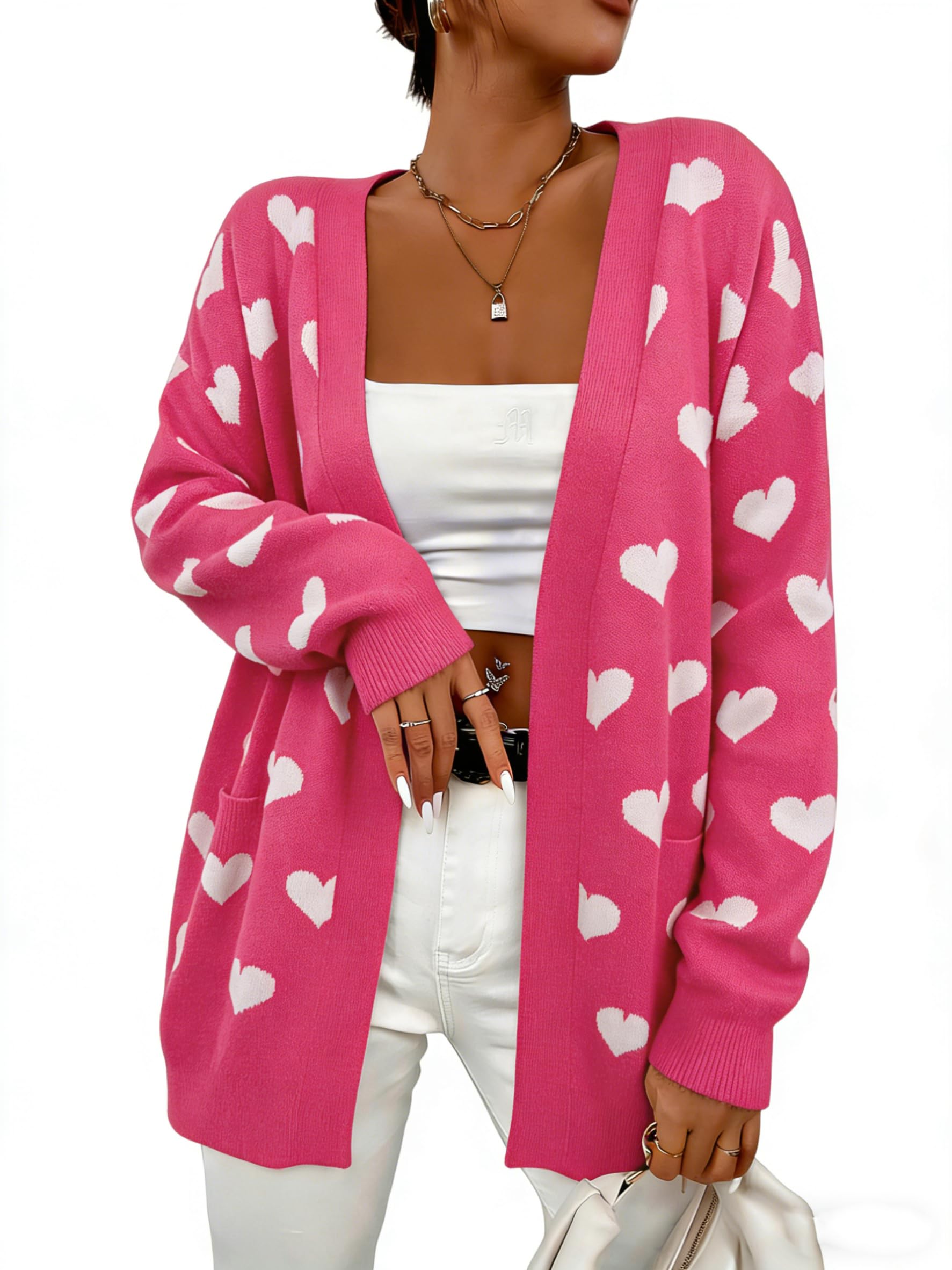 Heart Cardigan Valentines Sweater Women Valentine Cardigan Love Print Open Front Knit Sweaters Outwear with Pockets